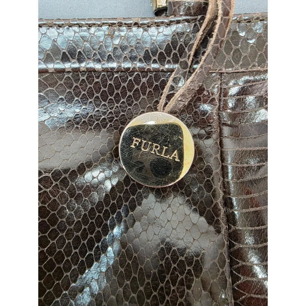 Furla Handbag Set Women Medium Brown Good Vintage Python Embossed Metal Handle